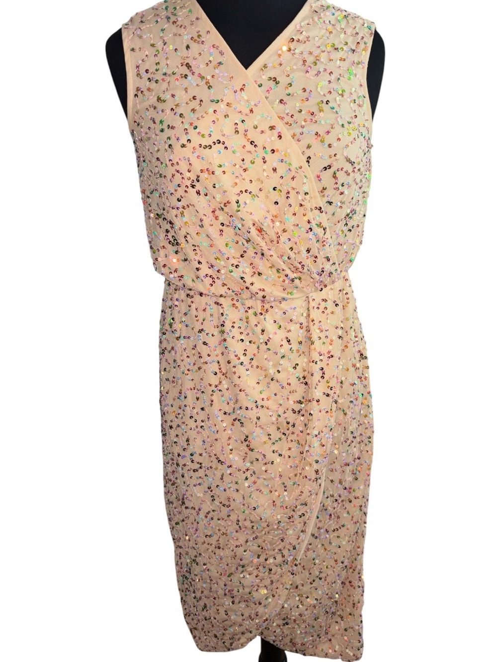 ASOS Sequin Sleeveless Wrap-Style Midi Dress, P:17”, L:43”,NWOT, Color: Peach